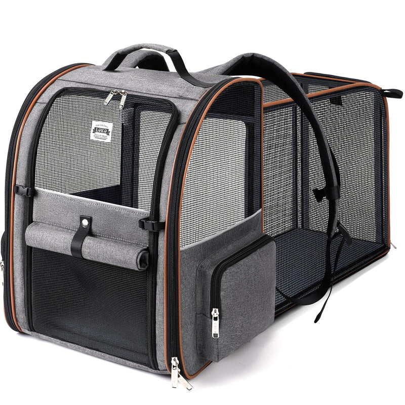 Lekebobor Cat Carrier Backpack, Expandable Pet Carrier with Sun Shade & Full Front Opening, Breathable Mesh Backpack for Small Dogs & Medium Cats Up to 18 Lbs, Foldable for Hiking, Camping (Grey)