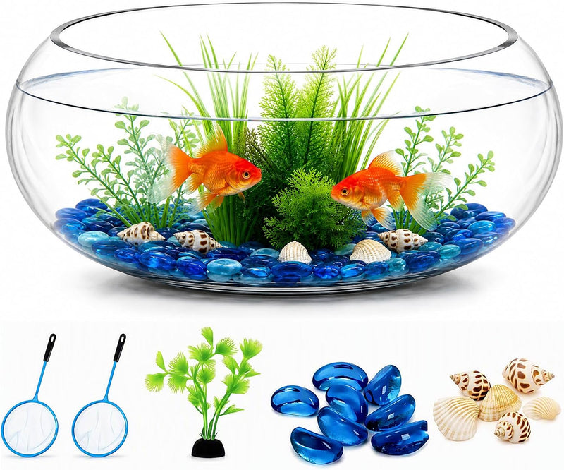 Jucoan 0.9 Gallon Glass Fish Bowl with Decor, Clear Round Shallow Glass Bowl for Betta Fish and Aquatic Plants, Includes