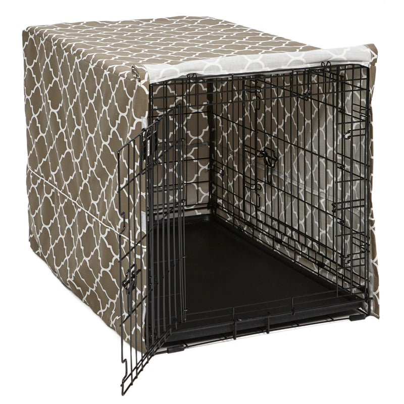MidWest Homes for Pets Dog Crate Cover With Teflon Fabric Protector, Poly-Cotton Privacy Kennel Cover Fits Most 36-Inch Crates, Brown Designer Print, Washable, Reduces Barking