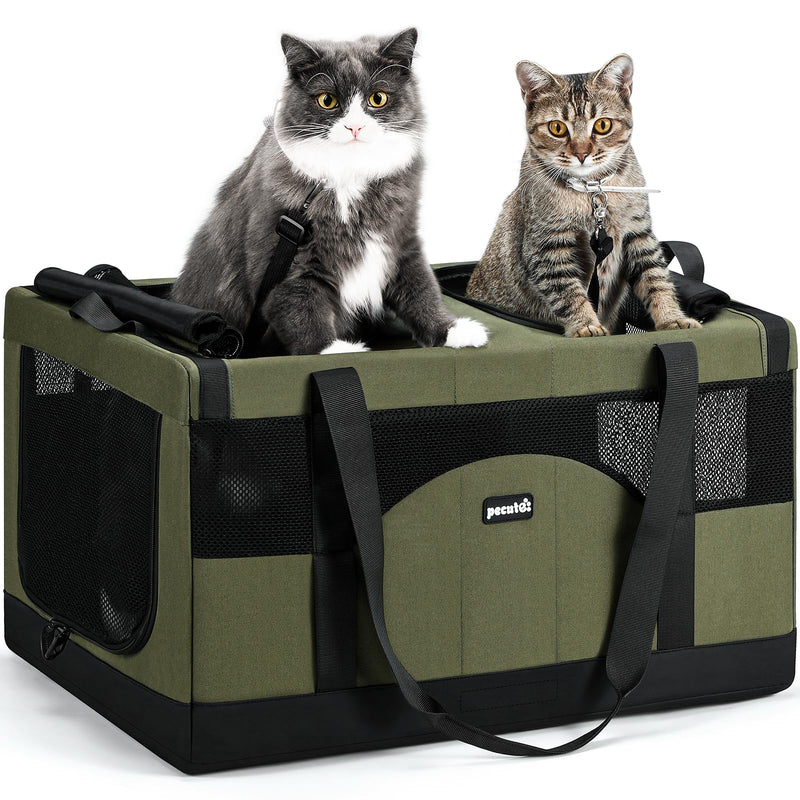 Pecute Dual Compartment Pet Carrier for Multi-Cat Families & Small Dog Owners, Collapsible Dog Crate with Reinforced Steel Frame, Car Safety Design for Travel, Vet Visits & Home Use, Green