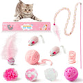 MALLMALL6 10Pcs Cat Toy Set Interactive Cat Toys Pack Including Feather Teaser Wand Cat Springs Mice Crinkle Balls and Pet Bell Balls, Puzzle Toys for Indoor Cats Gift (Pink)