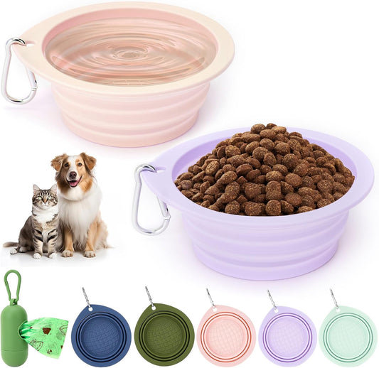 sonluk 3 Pack Collapsible Dog Bowls,Pet Bowls with Pet Poop Bag Dispenser Set,Portable Silicone Travel Dog Bowls for Walking,Hiking,Camping,Outdoor Travel(Pink&Purple)
