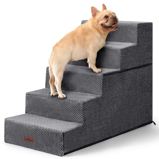 Aodisman Pet Stairs for High Bed, 5-Step Dog Stairs for Small Dogs, Indoor Non-Slip Dog Steps for Old Cats, Puppy, Small Medium Dogs,22.6" H,Gery