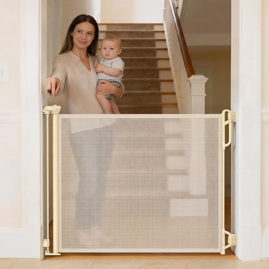 SPACEANY Retractable Safety Baby Gate or Mesh Dog Gate,Durable Portable Mesh Retractable Gate,Easy to Use for Stairs, Doorways, Hallways, Indoor, Outdoor, 33.5" Tall, Up to 45" Wide, Cream