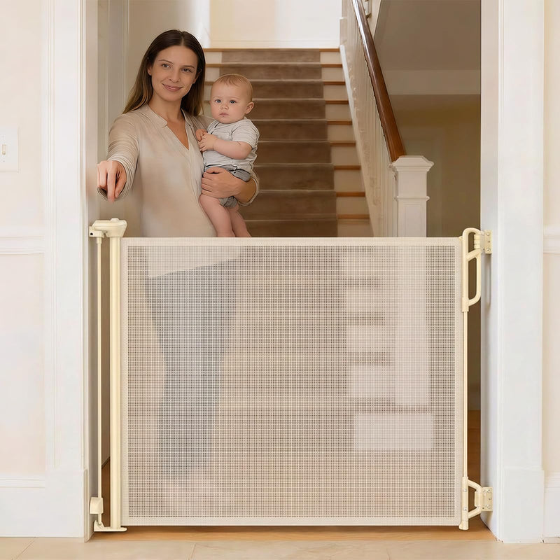 SPACEANY Retractable Safety Baby Gate or Mesh Dog Gate,Durable Portable Mesh Retractable Gate,Easy to Use for Stairs, Doorways, Hallways, Indoor, Outdoor, 33.5