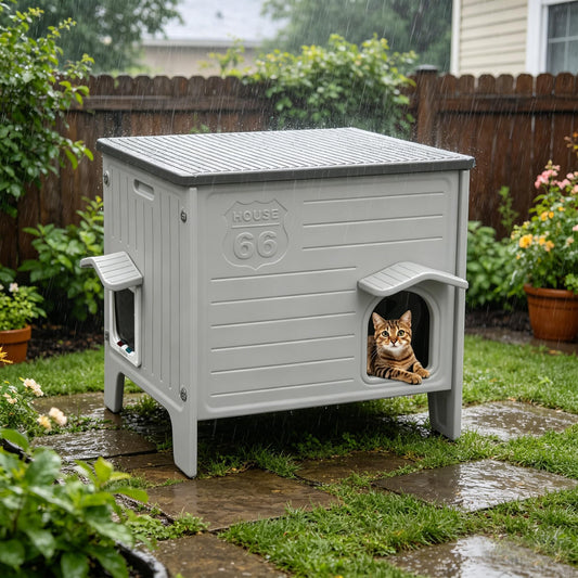Rockever Insulated Outdoor Cat House, Waterproof Cat House for Outdoor Cats with Escape Door, Plastic Feral Cat House Outdoor Indoor, Spacious and Clean Easily (Grey,L)