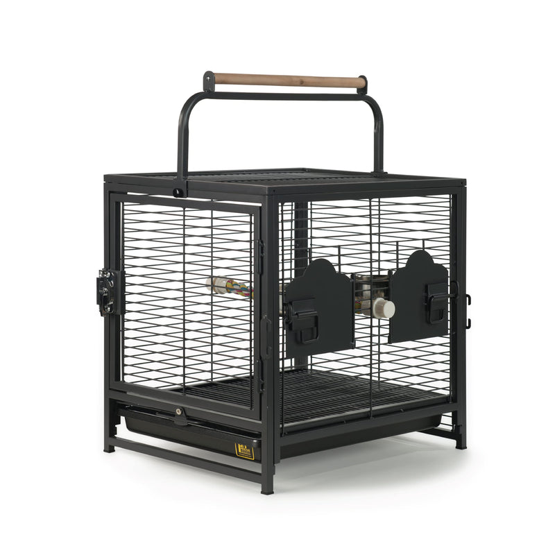 Prevue Pet Products Playtop Travel Carrier - Outdoor Travel Bird Cage for Small Parrots & Birds, Front Facing Door, Rope Perch, Lightweight & Portable, Easy Transport - Black