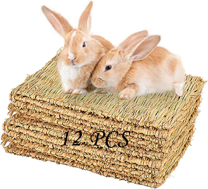 PINVNBY Hay Mats for Rabbits,12 Pack Natural Rabbit Grass Mat,Small Animal Woven Bed Resting Sleeping,Chewing,Nesting an