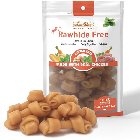 LuvChew Premium Peanut Butter Dog Chew Bones, Rawhide Free, Gluten Free, Made with Limited Ingredients, Delicious, Healthy, Highly Digestible (MINI 18pcs/Pack)