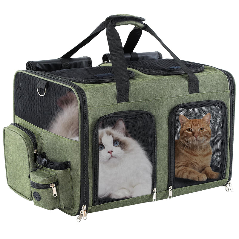 TOYSBOOM Cat Carrier for 2 Cats - Double Pet Carrier Extra Large, Dual Cabin Multi Cat Travel Carrier with Removable Divider, Collapsible, Can Hold 20 30 40 lbs for Two Small Kitten, Medium Dog Green