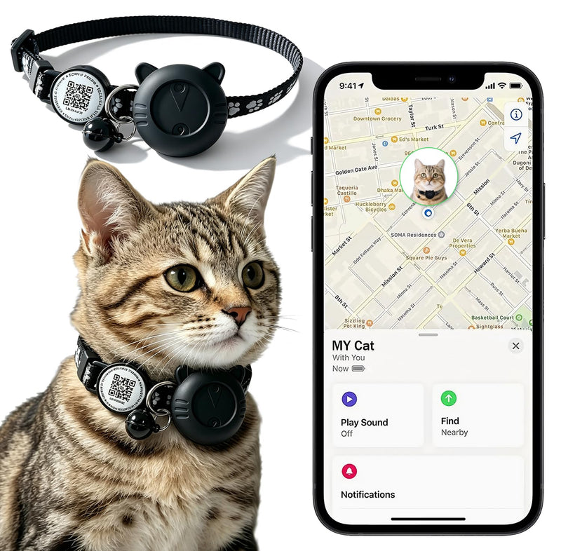 Smart GPS Cat Tracker Collar with QR Code - Waterproof Pet Locator for Small to Large Cats - Compatible with Apple Find My - No Monthly Fees - Advanced Tracking Solution