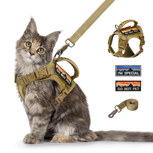 nanappice Tactical Cat Harness and Leash for Walking Esacpe Proof,Adjustable Soft Mesh Large Cat Vest with Rubber Handle Easy to Control,Molle Patches