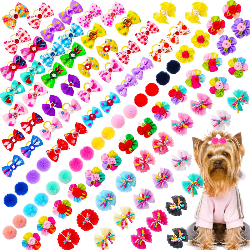 Mruq Pet 100pcs Dog Hair Bows, Small Puppy Grooming Bows with Rubber Bands - Mix Dainty Handmade Hair Accessories for Pet Yorkie and Tiny Dogs