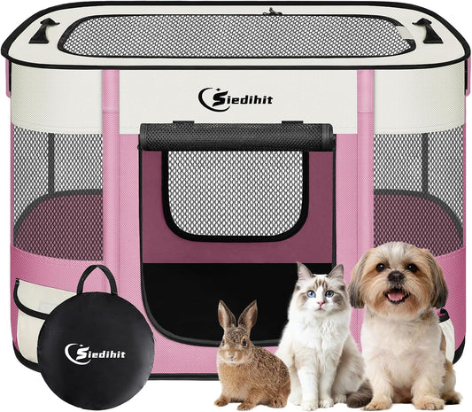 Dog Playpen,Cat Pet Puppy Pen,Portable Playpens for Dogs Indoor Outdoor Travel Camping Use,Foldable Dog Kennel Tent Crate for Rabbit Small Animals with Carrying Case (Grey with Pad, Medium)