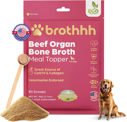 Beef Organ Bone Broth Meal Topper for Dogs - 100% Grass Fed, Veterinarian Approved, Non-GMO by Brothhh - Supports Immunity, Joint & Heart Health, Vision & Vitality - No Fillers - Pet Supplement