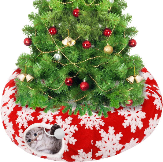 Cat Tunnel Christmas Tree Skirt for 5-7.5ft Trees - Prevent Christmas Tree Falling, Snowflake Patterns Warm Soft Cat Tub