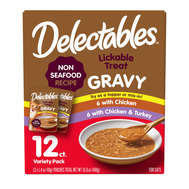 Delectables Lickable Treat Gravy Wet Cat Treat Variety Pack, Food Topper, Hydrating, Grain-Free, No Fillers, By-Products, Added Preservatives, 1.4oz Pouch, 12ct