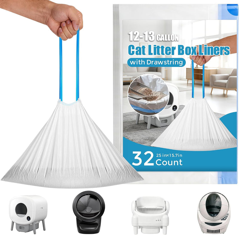 32 Count Cat Litter Box Liners for Automatic Litter Box Robot Model 5/4/3 Waste Bags, Drawstring, Heavy-Duty, Leak-Proof