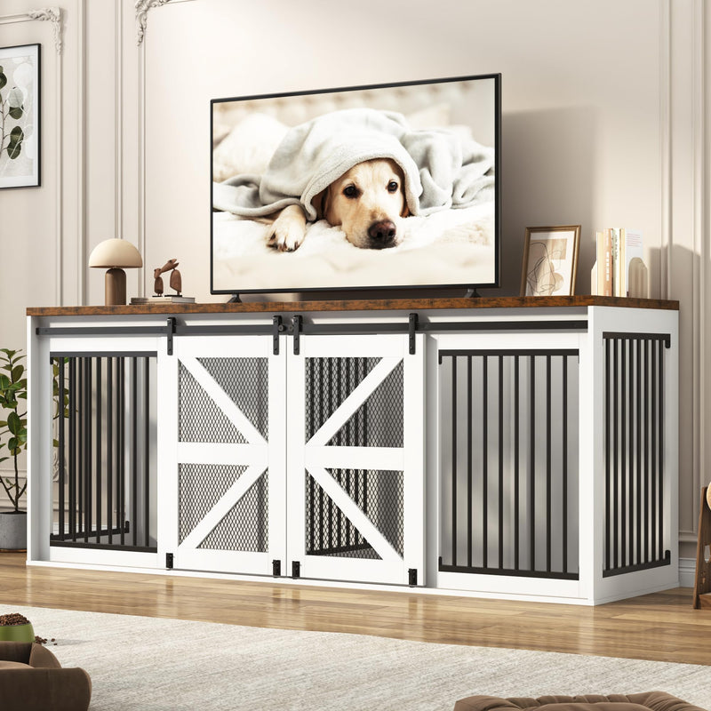 jiteentarou 87In Farmhouse Dog Crate TV Stand, Wooden Dog Kennel Furniture with Sliding Metal Mesh Barn Door, Large Dog Crate Furniture for 2 Dogs, Solid Metal Tube & 2 Lockable Doors, White & Brown