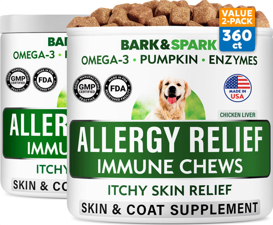 BARK&SPARK Dog Allergy Relief Soft Chews for Skin Health & Seasonal Allergies - Anti-Itch Supplement w/Omega-3, Quercetin & Bromelain Immune Treats for Dry Skin & Hot Spots - Chicken Liver - 360ct
