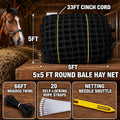 5x5 ft Round Bale Hay Net for Horses & Goats, 1.5" Holes Slow Feeder Hay Nets with Hay Net Repair Tool