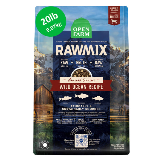 Open Farm, RawMix Dry Dog Food with Ancient Grains, Protein-Packed Kibble Coated in Bone Broth with Freeze Dried Raw Chunks, Salmon Whitefish & Rockfish, Wild Ocean Recipe, 20lb Bag