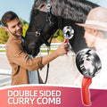 Double Sided Stainless Steel Curry Comb With Soft Grip, Shedding & Grooming Tool For Dogs, Cattle & Horses (Red)