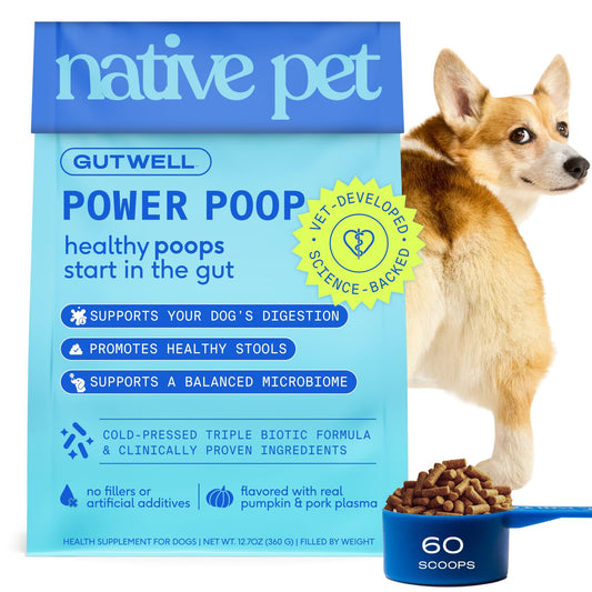 Native Pet GutWell Power Poop - Digestive Support & Fiber for Dogs - Promotes Healthy Stools, Supports Balanced Microbiome & Digestive Function - Triple-Biotic Blend & M-Fiber - 60 Scoops