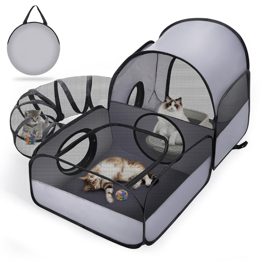 Portable Cat Playpen with Surround Tunnel, 2-Linked-Enclosed Areas, Ideal Cat Tent Outdoor or Cat Playpen for Indoor Cats Enclosed.Breathable Mesh Design for Indoor & Outdoor Use(Grey)
