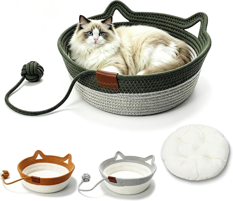 Cotton Rope Cat Basket Bed with Cat Ear Handles, Woven Cat Bed Pet Sleeping Bed Cat Nest with Removable Cushion, Scratch