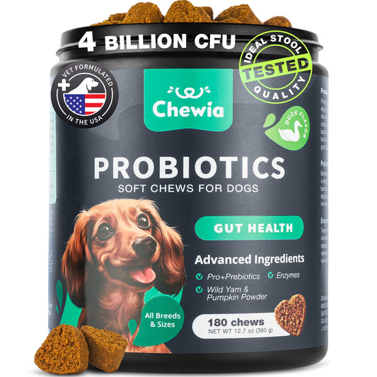 CHEWIA Probiotics for Dogs – Probiotic Chews for Yeast Balance, Gut Health, Itchy Skin & Diarrhea Relief – with Digestive Enzymes, Prebiotic FOS & Pumpkin – Dog Probiotics for Puppies & Adults