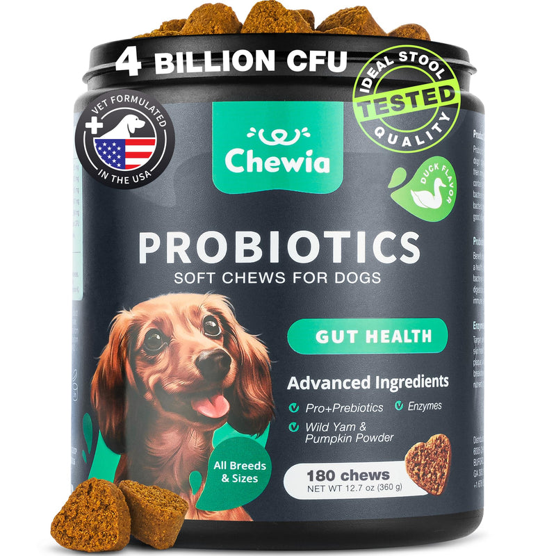 CHEWIA Probiotics for Dogs – Probiotic Chews for Yeast Balance, Gut Health, Itchy Skin & Diarrhea Relief – with Digestive Enzymes, Prebiotic FOS & Pumpkin – Dog Probiotics for Puppies & Adults
