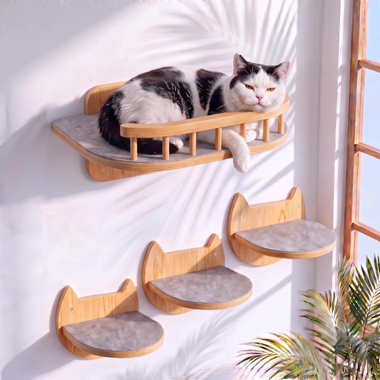 BUOGA Cat Wall Shelves – 3 Steps Climbing Furniture & Perch for Indoor Cats up to 30lbs, Wooden Floating Shelf with Non-Slip Pad Bed, Modern Corner & Wall Mounted for Playing and Lounging - Natural