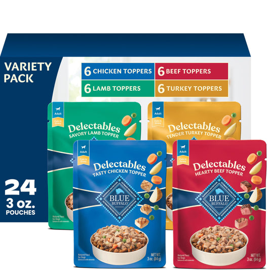 Blue Buffalo Delectables Natural Wet Dog Food Topper Variety Pack, Tasty Chicken, Hearty Beef, Tender Turkey, & Savory Lamb Dinner 3-oz (24 Pack- 6 of Each Flavor)