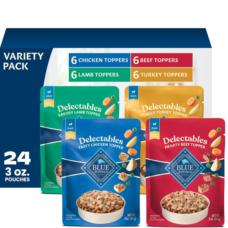 Blue Buffalo Delectables Natural Wet Dog Food Topper Variety Pack, Tasty Chicken, Hearty Beef, Tender Turkey, & Savory Lamb Dinner 3-oz (24 Pack- 6 of Each Flavor)