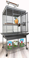 X-Large Elegant and Durable Wrought Iron Play Ground Perch Stand Top Climbing Ladder Bird Parrot Rolling Metal Cage with Around Seed Guard Storage Shelf On Heavy Duty Lockable Rolling Wheels