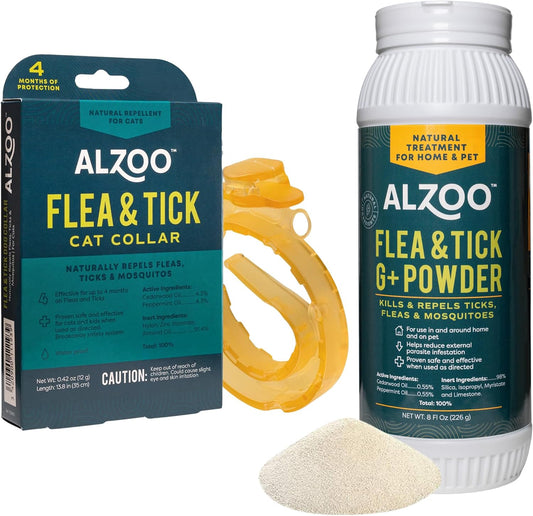 ALZOO Flea & Tick Cat Collar and Flea & Tick G+ Powder, 100% Plant-Based Active Ingredients