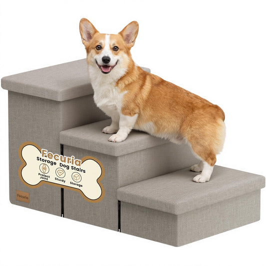 Fecuria 3-Step Wide Dog Stairs with Hidden Storage 18" H, Non-Slip Dog Steps for High Bed Couch Window Car, Jiont-Friendly Pet Stairs Ramp for Small/Medium/Large Old Dogs Cats Up to 200lbs, Grey