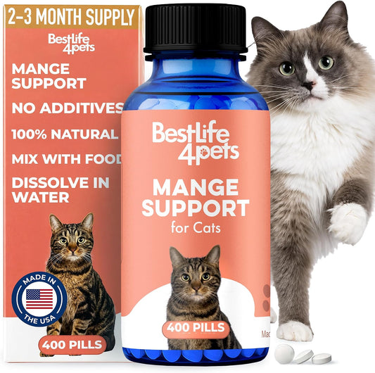 Mange Support for Cats, Natural Cat Itchy Skin, Paws and Ears Relief - Soothes Welts, Scabs, Red and Flaky Skin Reducing Excessive Grooming and Patchy Fur for a Healthy Coat (400 Tiny Tasteless Pills)