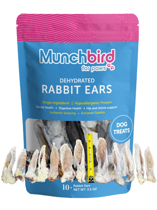 Munchbird Dehydrated Rabbit Ears 100g (3.5 oz) 12-15 pcs for Dogs, European Furry Rabbit Ear Natural Fiber for Pets, Rawhide Free Alternative to Pig Ears Dog Treats, Ear Size Varies
