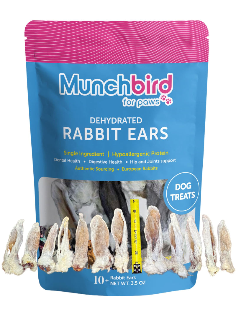 Munchbird Dehydrated Rabbit Ears 100g (3.5 oz) 12-15 pcs for Dogs, European Furry Rabbit Ear Natural Fiber for Pets, Rawhide Free Alternative to Pig Ears Dog Treats, Ear Size Varies