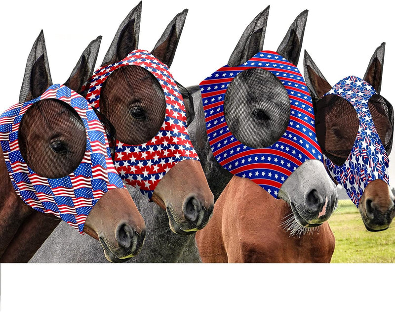 Frienda 4 Pcs 4th of July Horse Fly Mask with Ears 250th Anniversary Horse Face Covering Elasticity Smooth Comfortable M