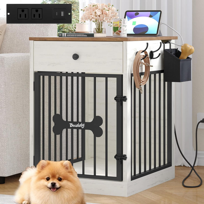 Hzuaneri 24.6 in Dog Crate Furniture with Storage & Power Indoor Dog Kennel
