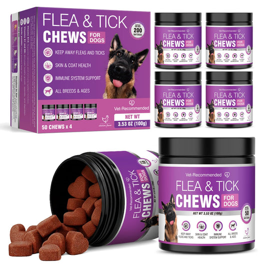 Dog Flea and Tick Treatment Chewable for 50 Count (4 Pack) Pet Control Oral Flea and Tick Chewable Supplement Fleas Ticks Prevention Treats for Puppies Soft 200 Chews All Breeds Ages Chicken Flavor