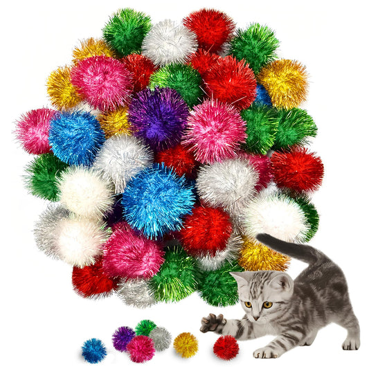 Eerrhhaq 50 Pcs Cat Pom Pom Balls,2 Inch Large Assorted Color Cat Toy Balls,Sparkle Ball for Indoor Cats,Interactive Glitter Cat Toys for Exercise and Entertainment