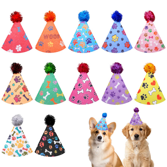 JpGdn 12pcs Dog Party Hats for Small Medium Dogs Stuffed Animals Cat Adjustable Headwear with Pom Poms Bone Paw Pet Birthday Holiday Wedding Party Costume Accessories