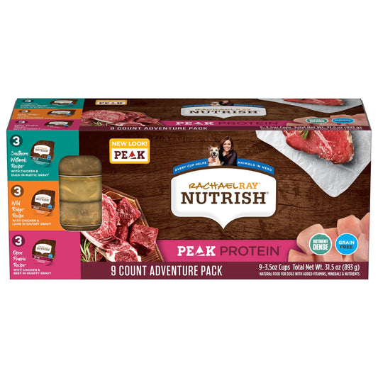 Nutrish Peak Protein Wet Dog Food Variety Pack, High Protein, Grain Free, 3.5oz Cups (Pack of 9), 2 Count (Rachael Ray)