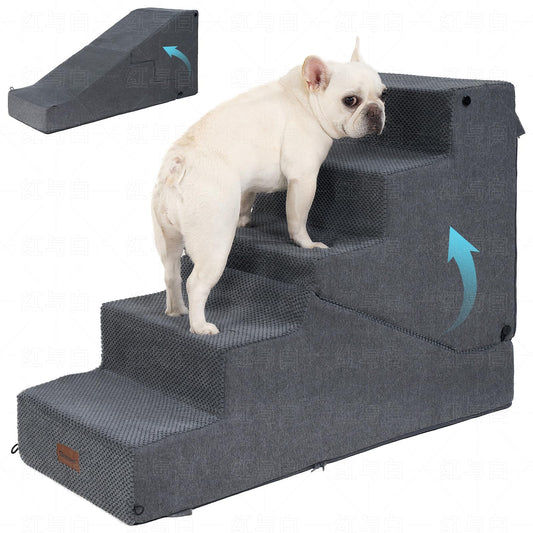 SIEMOUR 5-Step Dog Stairs and Ramp for Small Dogs and Cats, Pet Steps for High Bed with Non-Slip Bottom, Grey