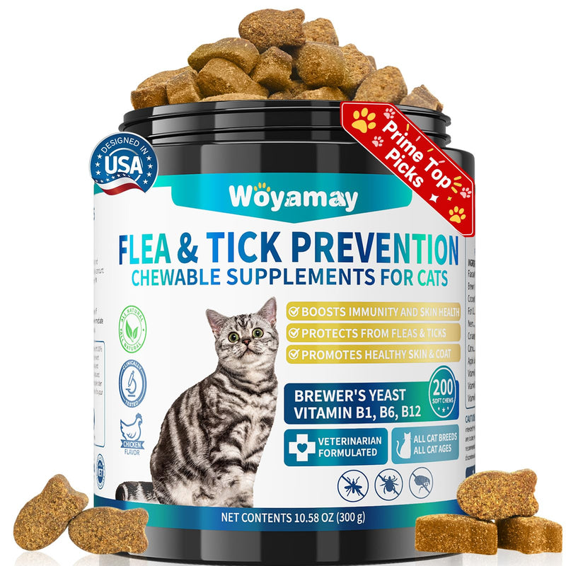 Woyamay Flea Treatment for Cats, 200 Treats Flea and Tick Prevention for Cats Chewables, Natural Cat Flea and Tick Treatment Chews Daily Oral Flea Supplement, Kitten Cat Flea Treatment, Chicken Flavor