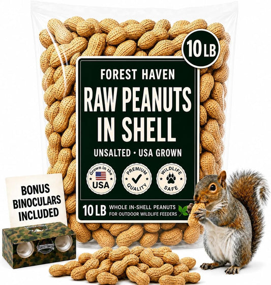 Forest Haven Premium Raw Peanuts for Squirrels – 10LB Bulk Squirrel Food – Unsalted Peanuts in Shell for Birds, Deer & Wildlife – Bonus Binoculars Included - USA Grown